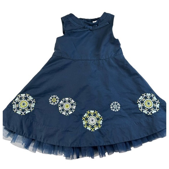 Janie & Jack‎ Girls Dress 12-18 Mos Navy Blue Embroidered Ruffle Tulle Flare Hem - Picture 1 of 7